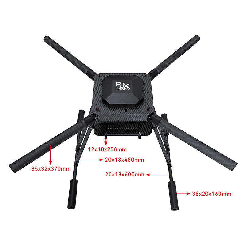 RJX1200B carbon fiber folding quadcopter frame with four arms, center plate, landing legs, and dimension callouts