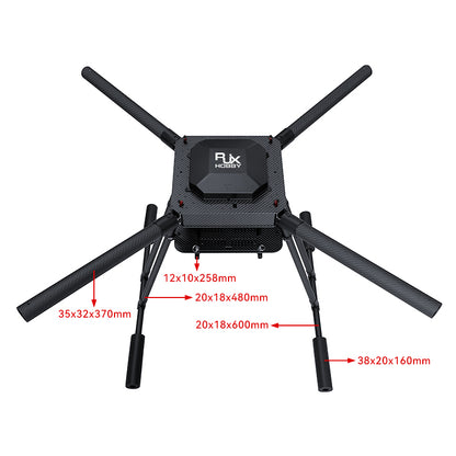 RJX1200B carbon fiber folding quadcopter frame with four arms, center plate, landing legs, and dimension callouts