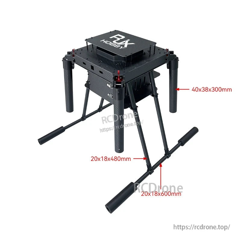 RJX carbon fiber quadcopter frame with tall landing gear and crossbar tubes, with labeled tube dimensions