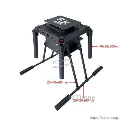 RJX carbon fiber quadcopter frame with tall landing gear and crossbar tubes, with labeled tube dimensions