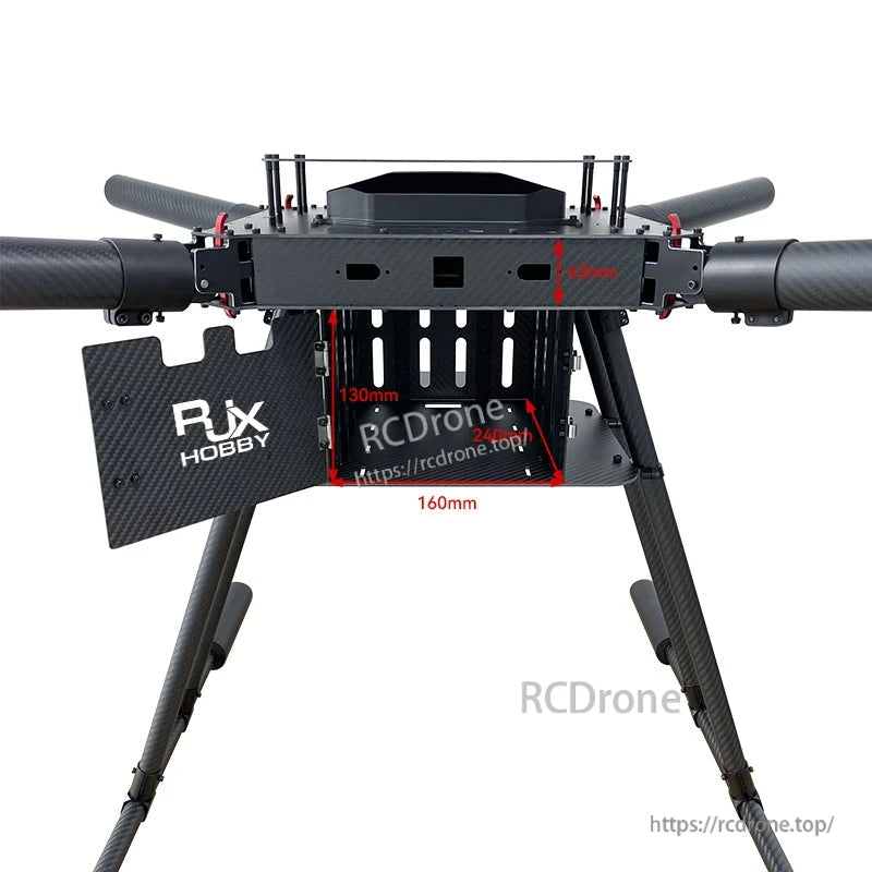 RJX1200D carbon fiber folding quadcopter frame with large central mounting bay and landing legs