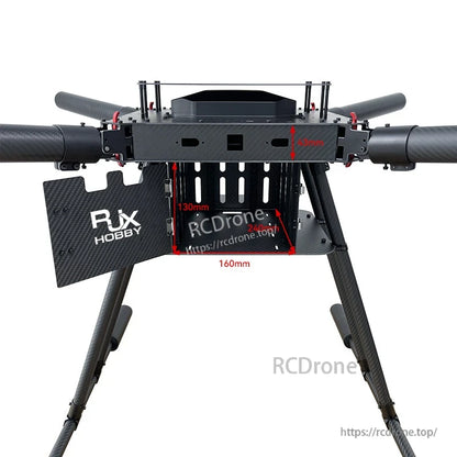 RJX1200D carbon fiber folding quadcopter frame with large central mounting bay and landing legs