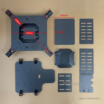 RJX1200D 1200mm 4-axis carbon fiber umbrella folding quadcopter frame plates and parts layout with visible dimensions