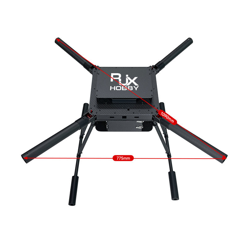 RJX Hobby carbon fiber folding quadcopter frame with four arms, landing gear, and 1090mm span markers