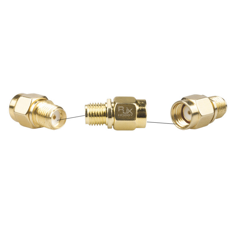 Gold RF coaxial adapter with hex body, converting SMA female to RP-SMA male threaded connector