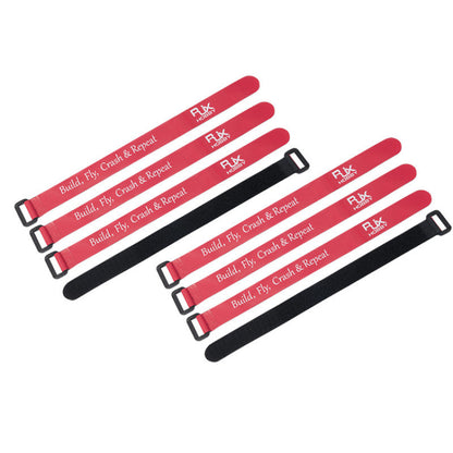 RJXHOBBY Non-Slip Silicone Battery Strap, Set of RJXHOBBY red and black hook-and-loop battery straps with metal buckles and printed logo