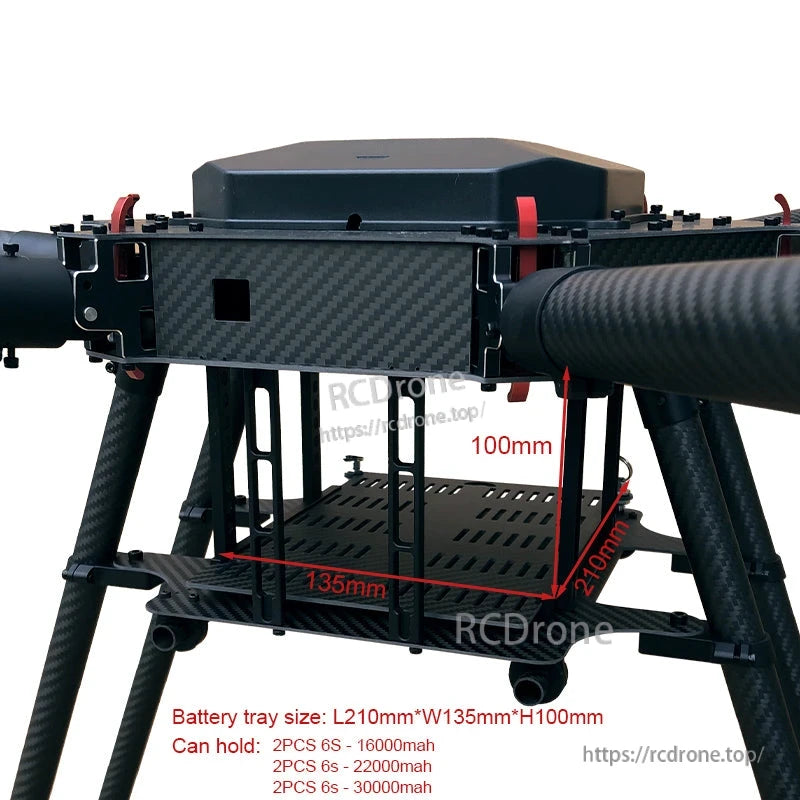 Carbon fiber hexacopter frame center section with battery tray; tray size 210×135×100 mm and mounting rails.