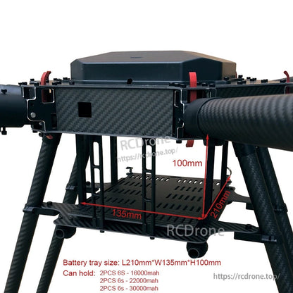 Carbon fiber hexacopter frame center section with battery tray; tray size 210×135×100 mm and mounting rails.