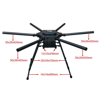 RJX carbon fiber folding hexacopter frame with six tube arms, central plate, and tall landing gear with size labels