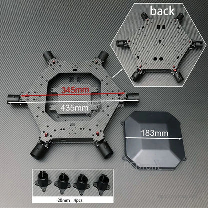 Carbon fiber hexacopter center frame plate with fold-arm mounts, 435mm width, 183mm cover and 20mm clamps