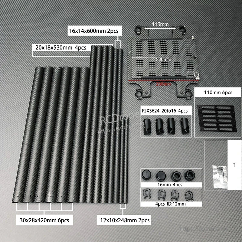 RJX1300B 1300mm folding hexacopter frame parts set with carbon fiber tubes, top plates, clamps, and hardware