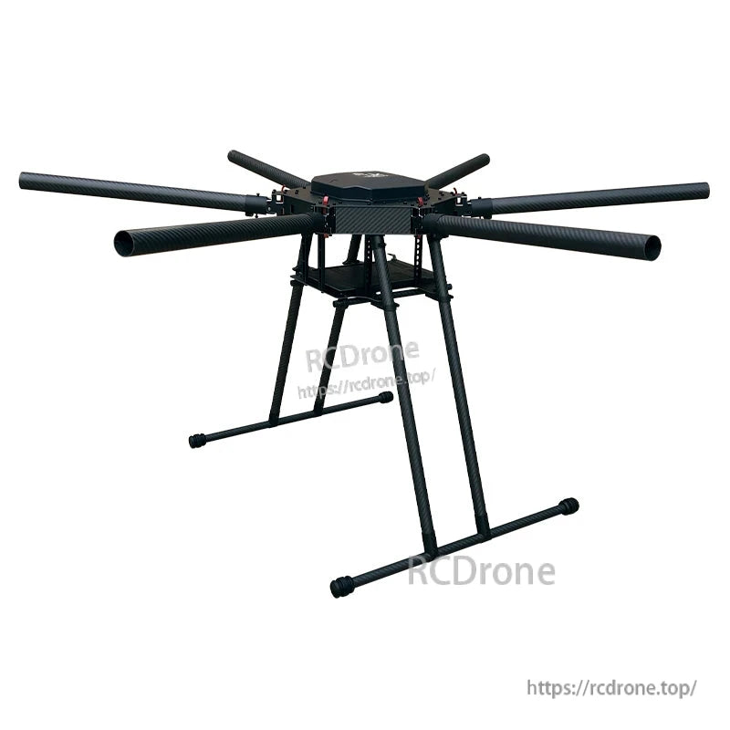 Carbon fiber hexacopter frame with six tubular arms, central plate stack, and tall landing gear (1300mm class)