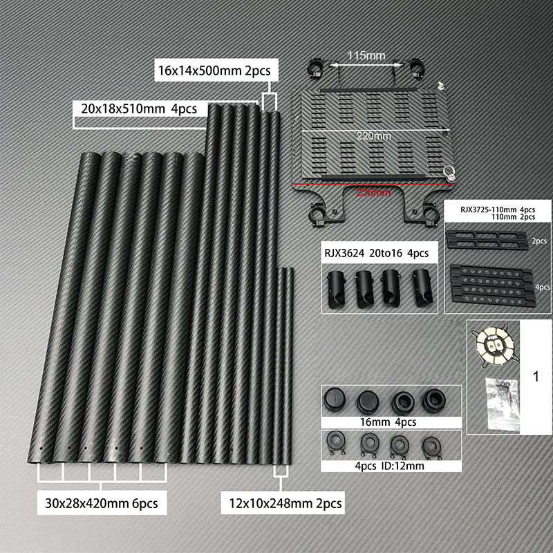 Hexacopter drone parts: carbon fiber arms, motors, props, screws, and more.