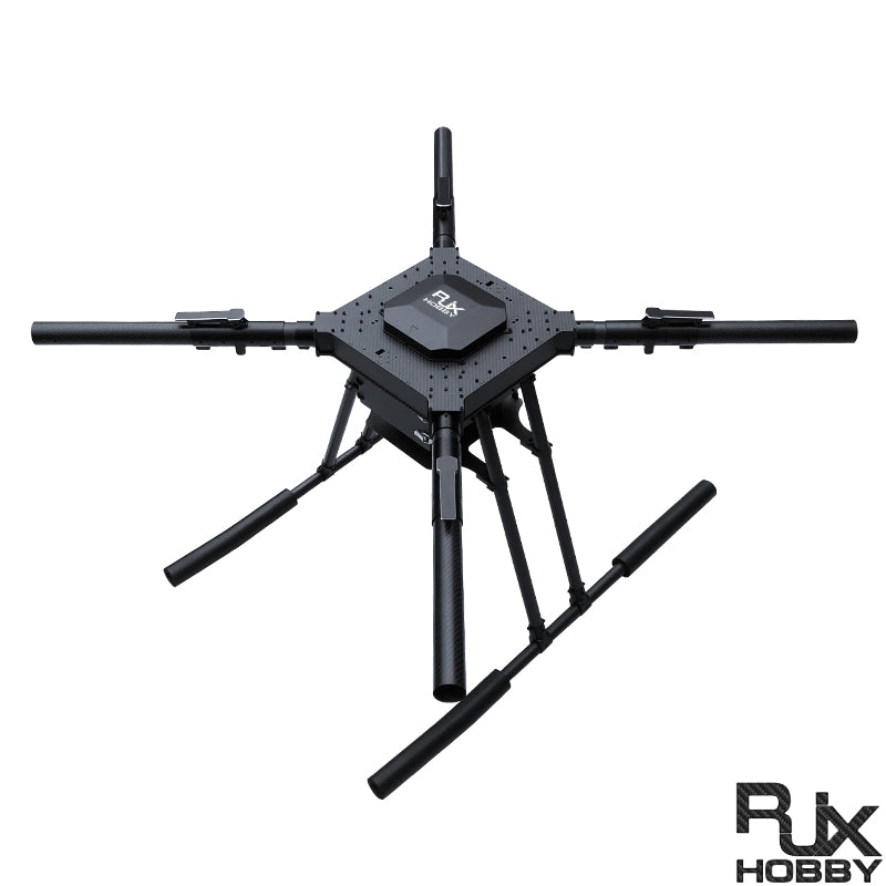 RJX carbon fiber folding quadcopter frame with central plate, four tubular arms, and tall landing skids