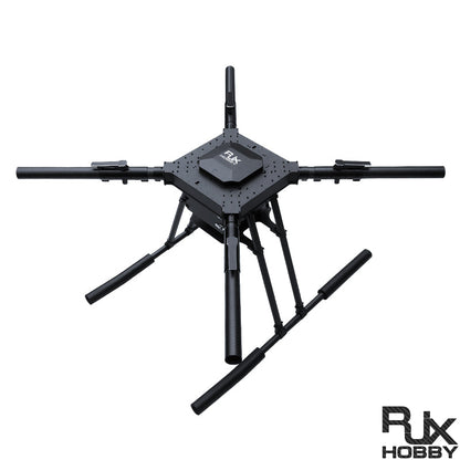 RJX carbon fiber folding quadcopter frame with central plate, four tubular arms, and tall landing skids