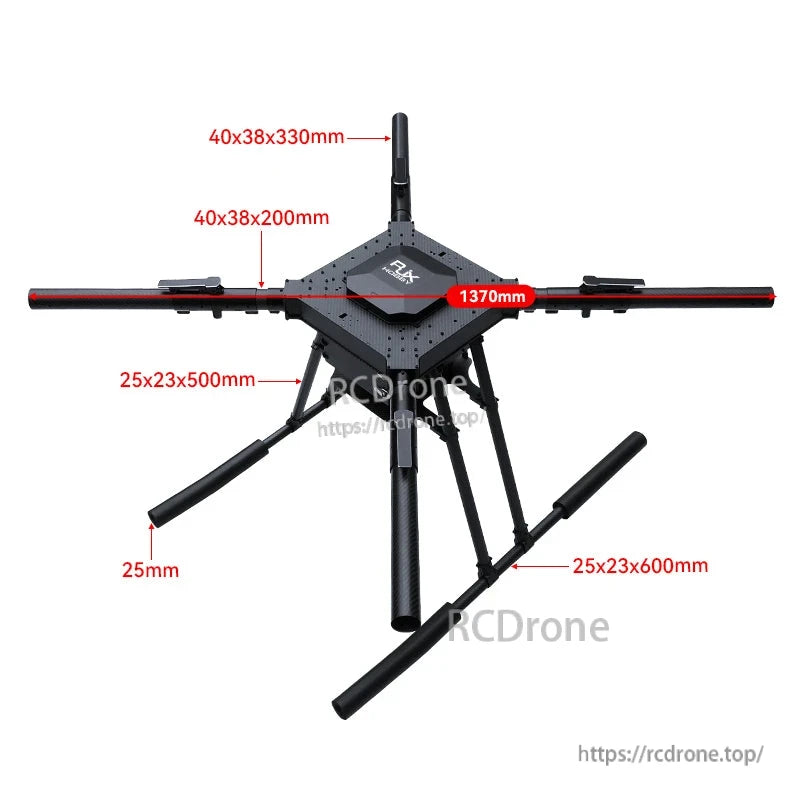 RJX1300C carbon fiber folding quadcopter frame with landing gear, annotated 1370mm span and tube sizes