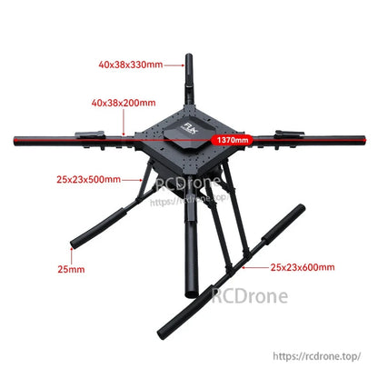RJX1300C carbon fiber folding quadcopter frame with landing gear, annotated 1370mm span and tube sizes