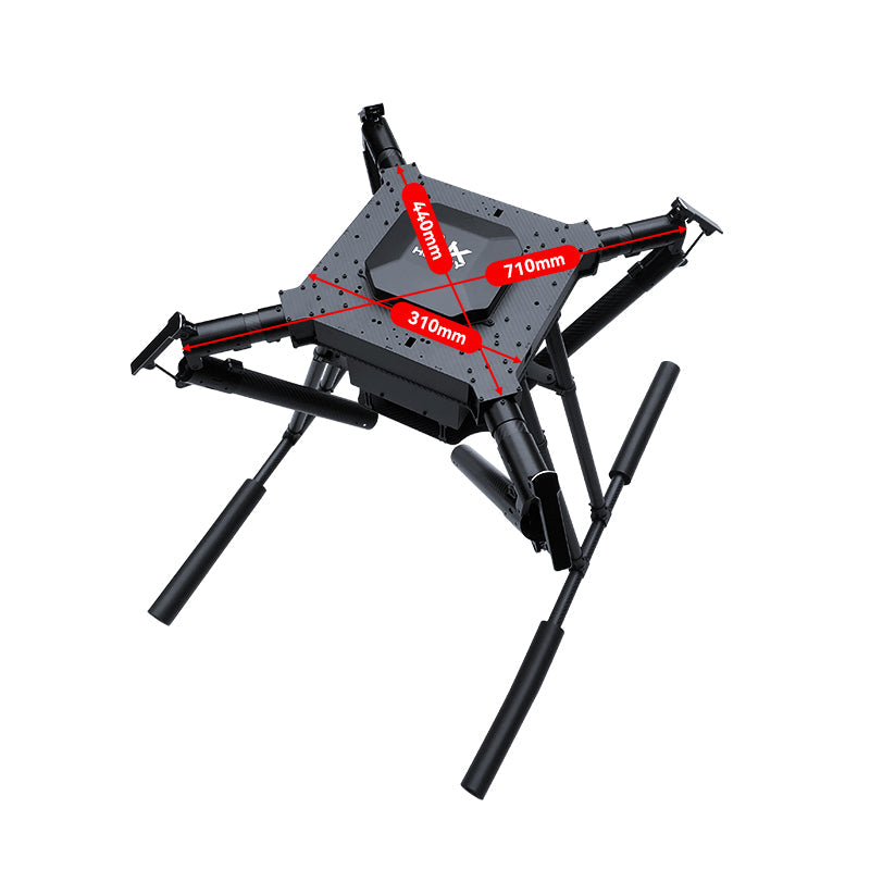 RJX1300C folding carbon fiber quadcopter frame with landing gear and top plate size markings 710mm and 440mm