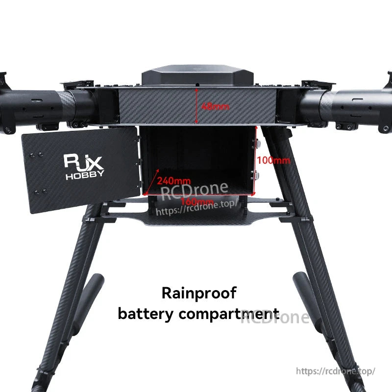 RJX1300C carbon fiber quadcopter frame center section with rainproof battery compartment and size markings
