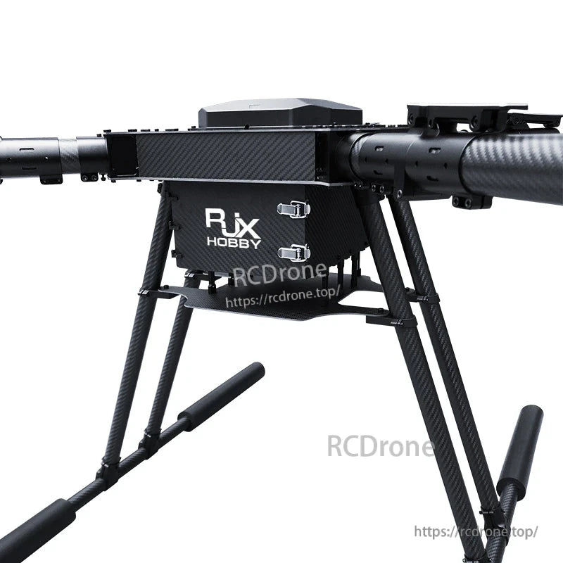 RJX Hobby carbon fiber quadcopter frame with center plate, round arms and tall landing gear, close-up view
