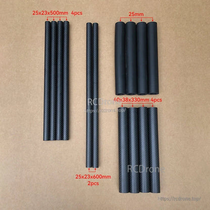 Carbon fiber tube set for RJX1300C 1300mm 4-axis folding quadcopter frame, with multiple lengths and diameters labeled