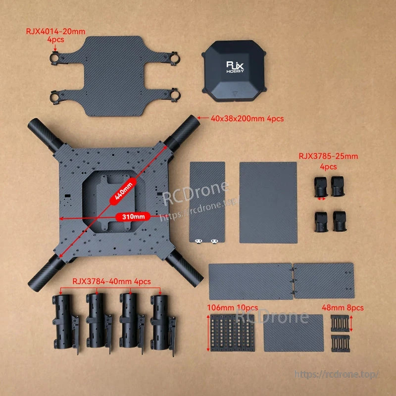RJX1300C 1300mm carbon fiber folding quadcopter frame kit laid out with center plates, folding arm mounts, clamps and hardware, labeled with