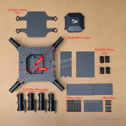 RJX1300C 1300mm carbon fiber folding quadcopter frame kit laid out with center plates, folding arm mounts, clamps and hardware, labeled with
