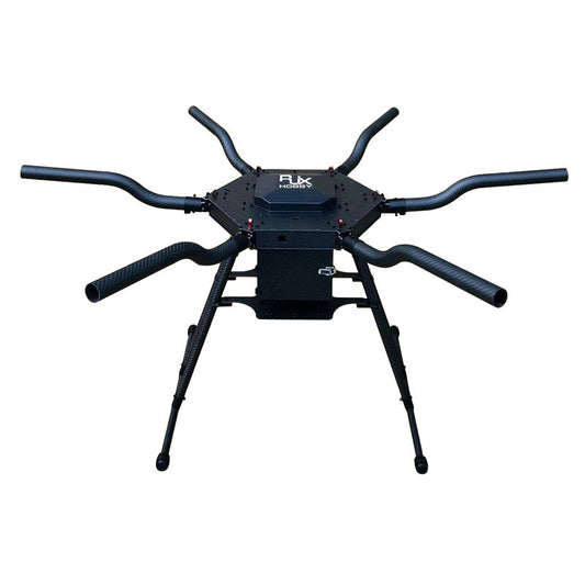 RJX1300D carbon fiber folding hexacopter frame with six arms, central body plate, and tall landing gear