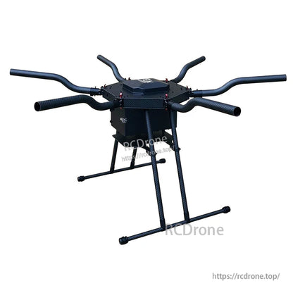 Carbon fiber umbrella folding hexacopter drone frame with six tubular arms, center body, and tall landing skids