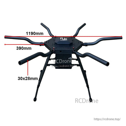 Carbon fiber folding hexacopter frame with landing gear, 1190mm span and 30x28mm arms (RJX).