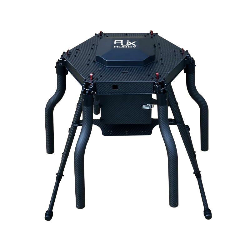 Carbon fiber hexacopter frame with specifications for parameters like weight, dimensions, and compatibility.