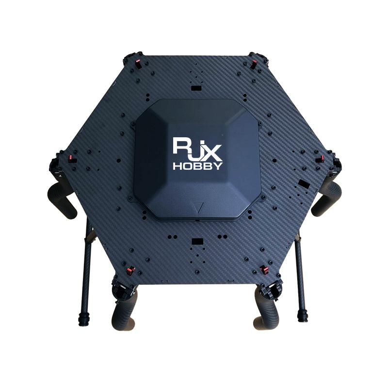 Carbon fiber hexacopter frame with specs for aerial applications like crop monitoring and surveying.