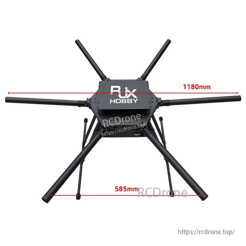 RJX1300F 1300mm carbon fiber umbrella folding hexacopter frame with six arms and labeled center hub, showing 1180mm and 585mm dimensions