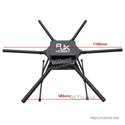 RJX1300F 1300mm carbon fiber umbrella folding hexacopter frame with six arms and labeled center hub, showing 1180mm and 585mm dimensions