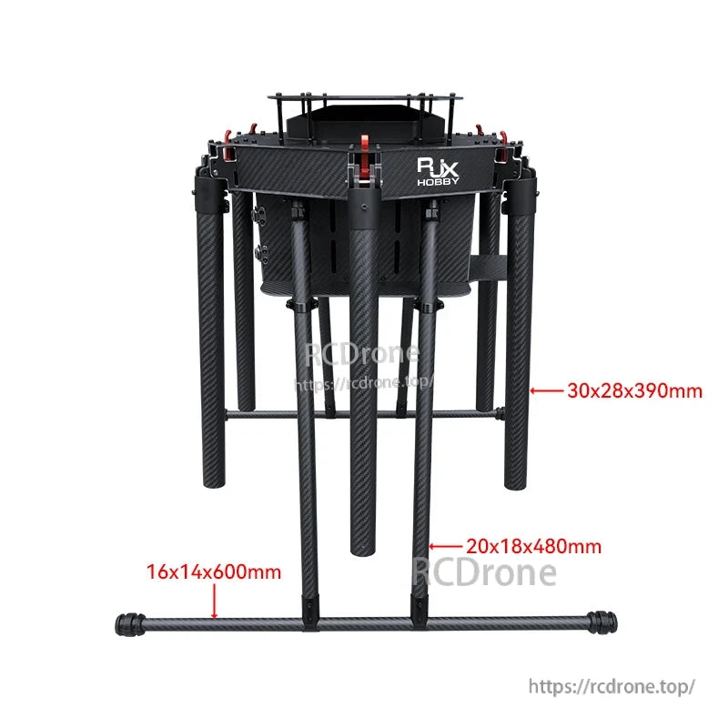 RJX1300F 1300mm 6-axis carbon fiber umbrella folding hexacopter frame with battery trays, folded with labeled dimensions