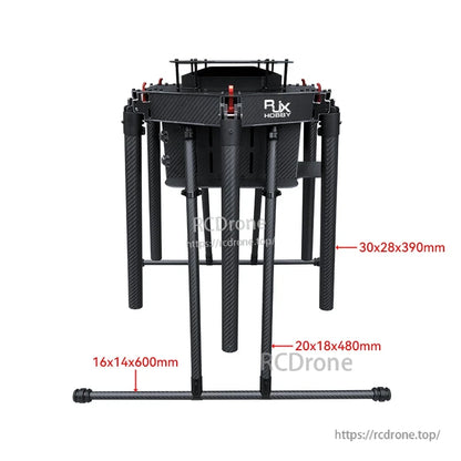 RJX1300F 1300mm 6-axis carbon fiber umbrella folding hexacopter frame with battery trays, folded with labeled dimensions