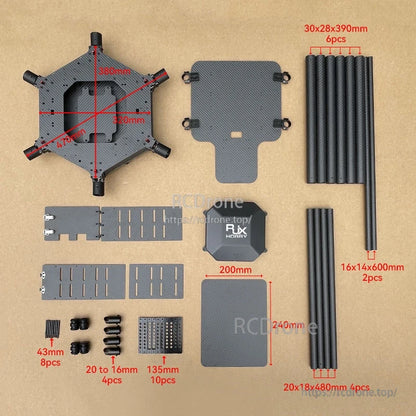 Carbon fiber folding hexacopter frame kit with center plate, battery trays, hardware, and carbon tubes in multiple sizes