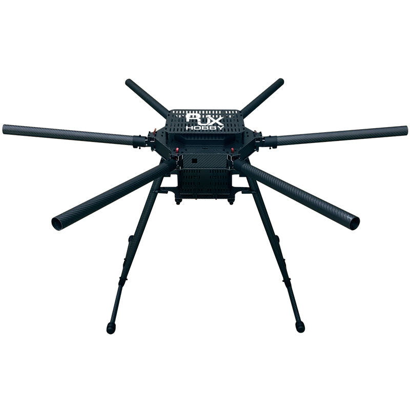 RJX Hobby carbon fiber folding hexacopter frame with six tubular arms, central body plate, and landing gear