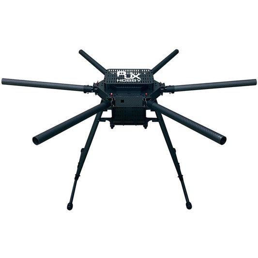 RJX Hobby carbon fiber folding hexacopter frame with six tubular arms, central body plate, and landing gear