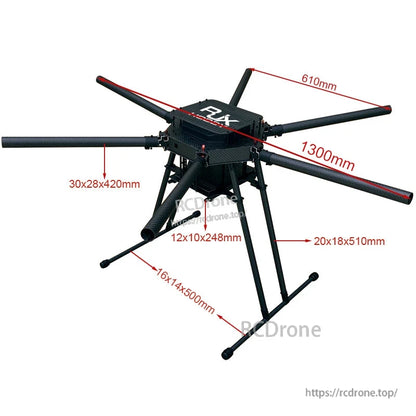 RJX1300V 1300mm carbon fiber folding hexacopter frame with six arms, central body and landing gear, dimension labels
