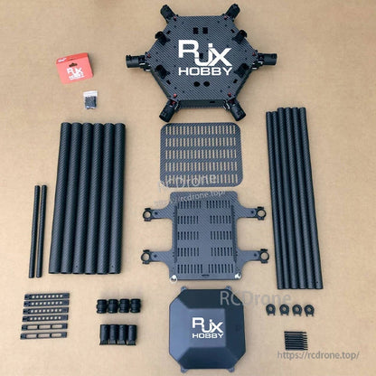 RJX Hobby carbon fiber hexacopter frame kit with center plates, carbon tubes/arms, canopy, and hardware set