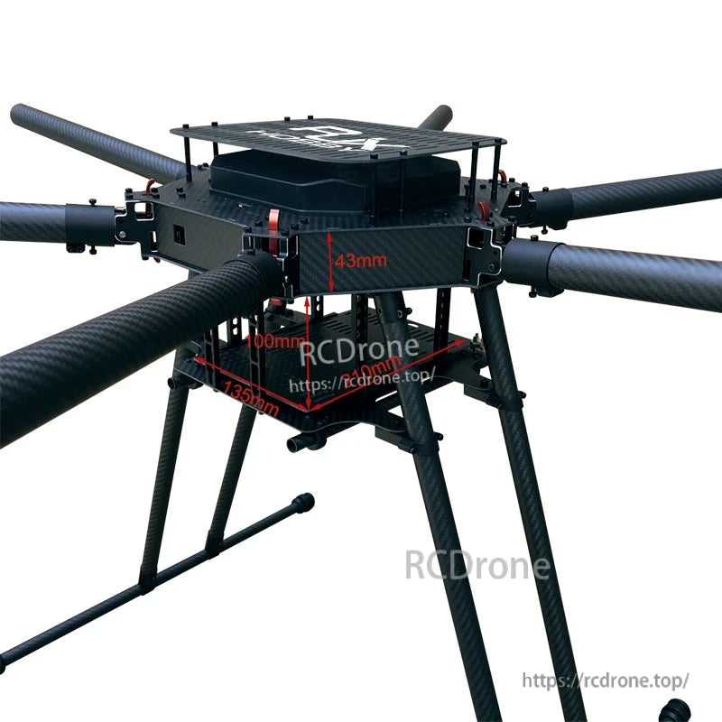 Carbon fiber hexacopter frame center with six tube arms, top plate, battery tray area, and tall landing gear