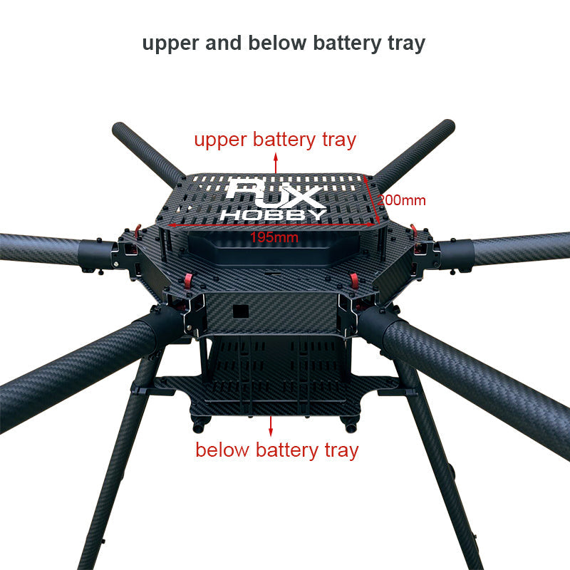Carbon fiber folding hexacopter frame with upper and lower battery trays, upper tray labeled about 195 x 200 mm