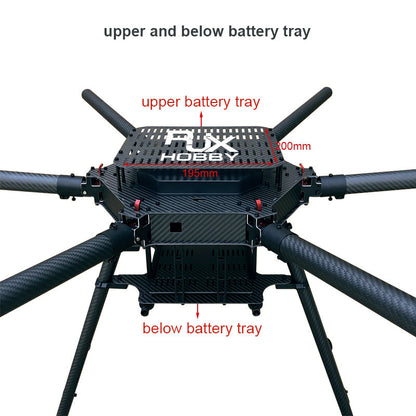 Carbon fiber folding hexacopter frame with upper and lower battery trays, upper tray labeled about 195 x 200 mm