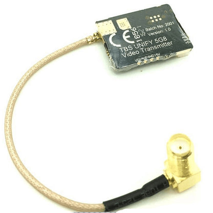 Right-angle SMA female bulkhead to U.FL/IPX coax pigtail cable connected to a TBS Unify 5G8 video transmitter