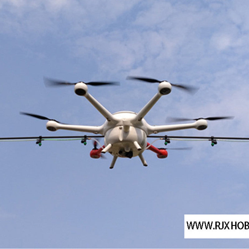 RJXHOBBY 28x9.2in Carbon Fiber Drone Propeller, Hexacopter drone flying in the sky with six propellers and landing gear visible