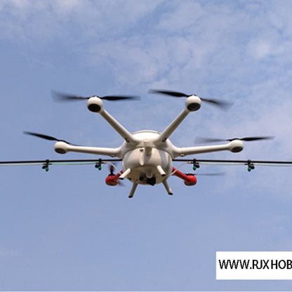 RJXHOBBY 28x9.2in Carbon Fiber Drone Propeller, Hexacopter drone flying in the sky with six propellers and landing gear visible