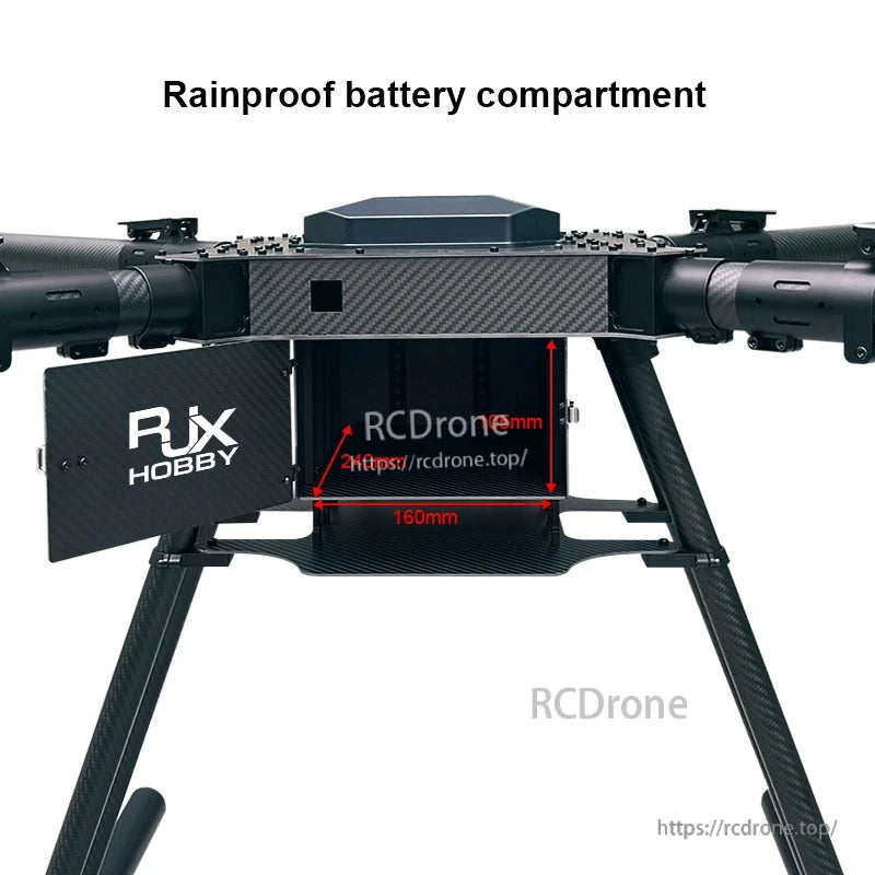 Carbon fiber folding quadcopter frame center section with rainproof battery compartment and 160 mm interior width marking