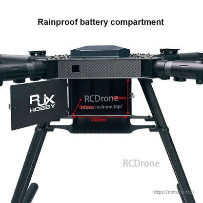 Carbon fiber folding quadcopter frame center section with rainproof battery compartment and 160 mm interior width marking