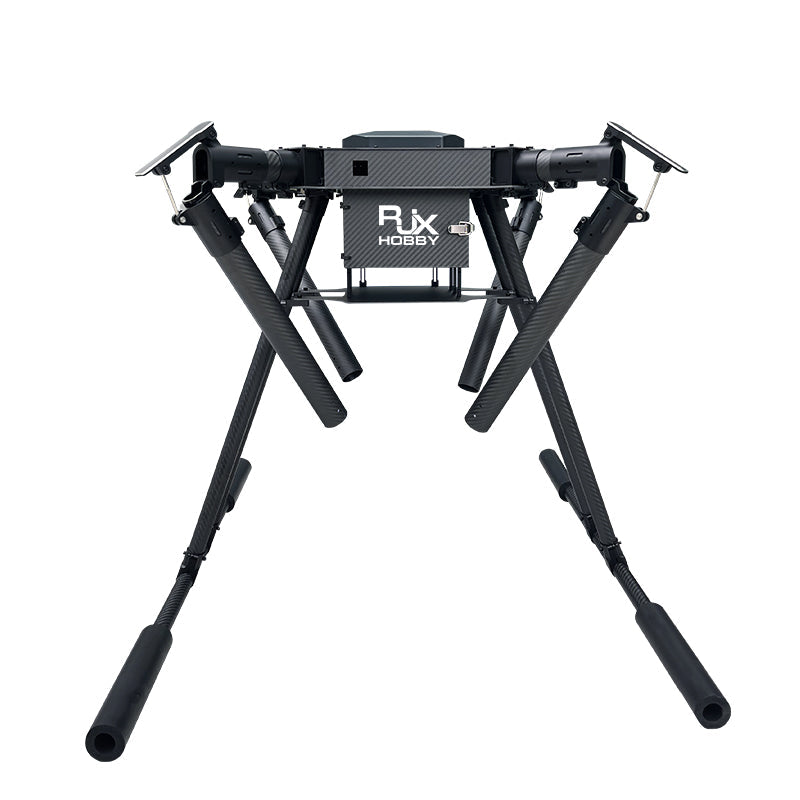 RJX Hobby carbon fiber folding quadcopter frame with four arms, central body plate, and tall landing gear
